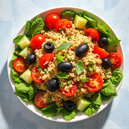 Ensalada mediterránea con quinoa, tomate, pepino y aceitunas