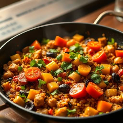 Paella vegetariana servida en una paellera tradicional