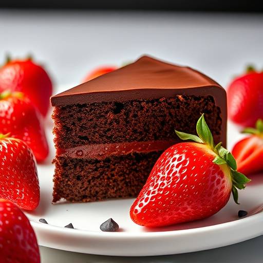 Rebanada de tarta de chocolate con fresas frescas